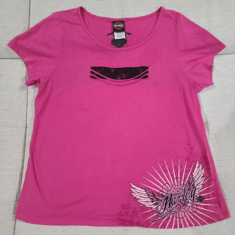 Harley Davidson Motorcycle Womens Hot Pink Fitted T-shirt Size 1X Angel Wings